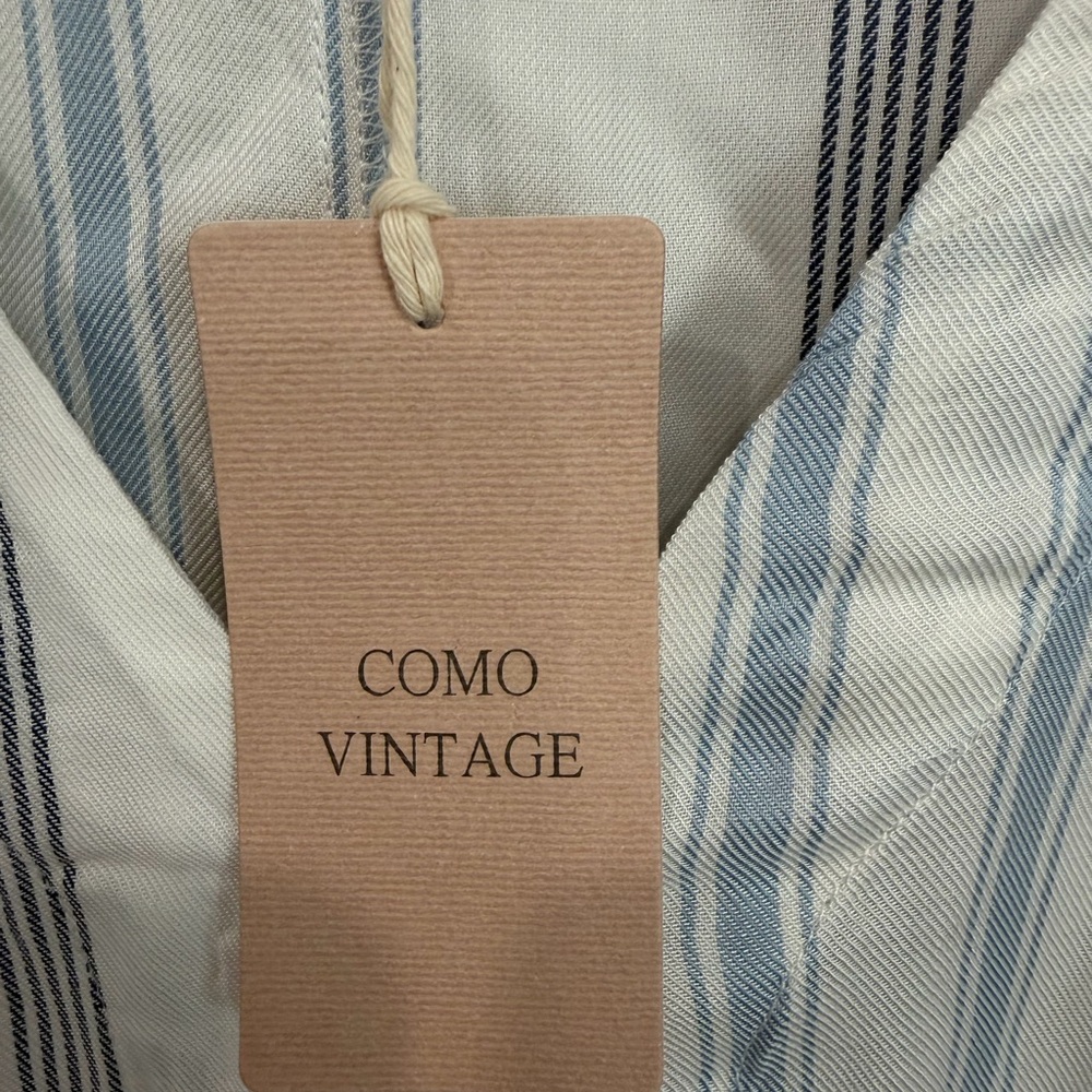 COMO VINTAGE 2X. Blue & White Striped Tie-Front Blouse - Picture 4 of 5